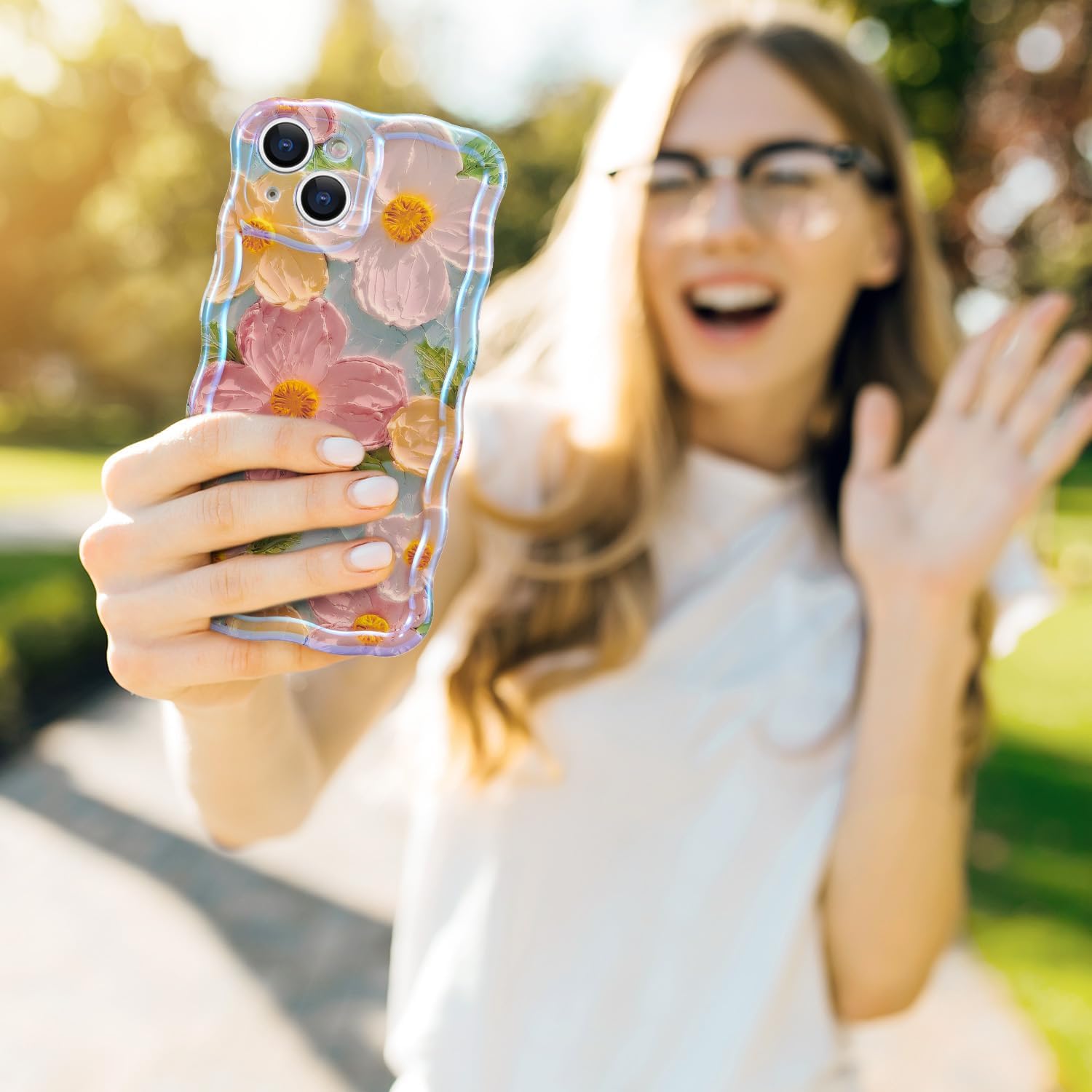 QLTYPRI Funda para iPhone 13, colorido láser retro pintura al óleo patrón de flores, lindo marco de onda rizada, exquisita funda para teléfono para