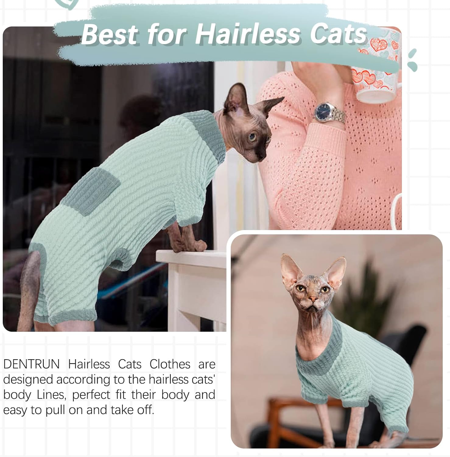 DENTRUN Sphynx – Suéter de invierno cálido para gatos sin pelo, lindo suéter de alta elasticidad, camisas de gatito, transpirable, para ocio,