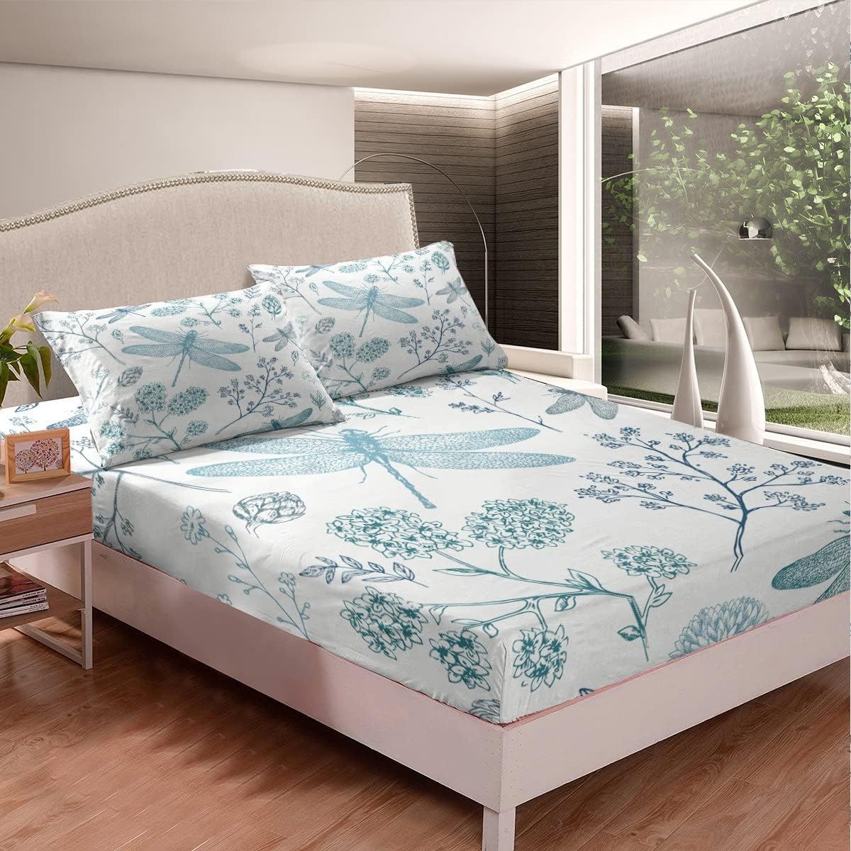 Erosebridal Juego de ropa de cama de libélula tamaño matrimonial, juego de sábanas de hortensias verde azulado con libélula, regalos para mujeres,
