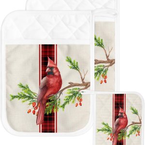 Christmas Red Bird 2Pcs Pot Holders for Kitchen, Non Slip & Heat Insulation Terry Cloth Potholder Set with Pocket, Thick Hot Pad Oven Mitts Trivet Christmas Red Bird 2Pcs Pot Holders for Kitchen, Non Slip & Heat Insulation Terry Cloth Potholder Set with Pocket, Thick Hot Pad Oven Mitts Trivet