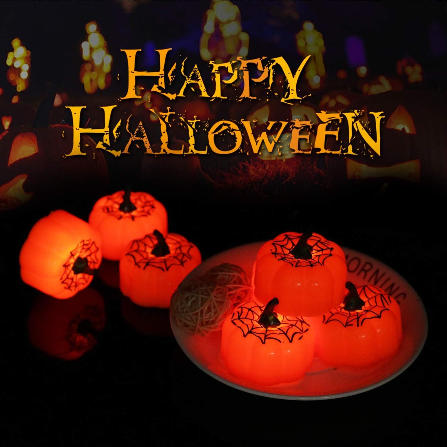 Luces de calabaza de Halloween, 12 luces LED de calabaza, luces de té de calabaza, mini candelita decorativa naranja para decoración de Halloween,