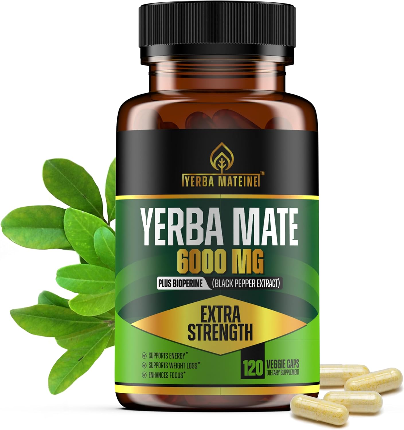 Yerba Mate extra fuerte de 6000 mg de alta potencia, 60 mg de cafeína por cápsula, píldoras de extracto de suplementos para energía natural limpia,
