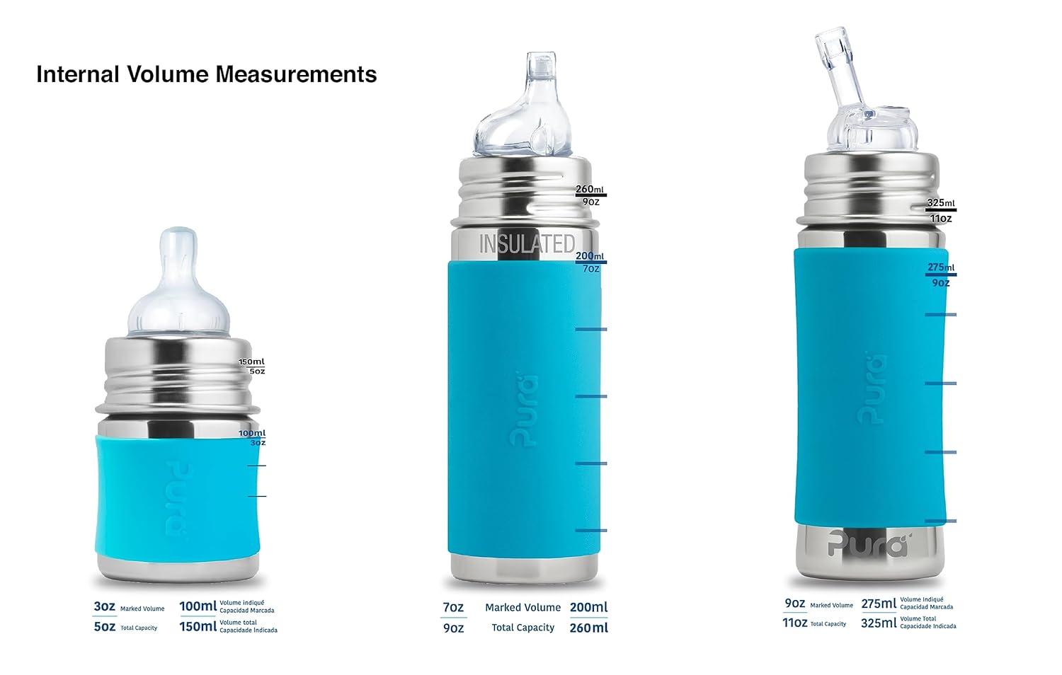 Pura Kiki – Botella de acero inoxidable de 11 onzas  11.0 fl oz con manga, sin plástico, certificado MadeSafe, boquilla de silicona de grado médico