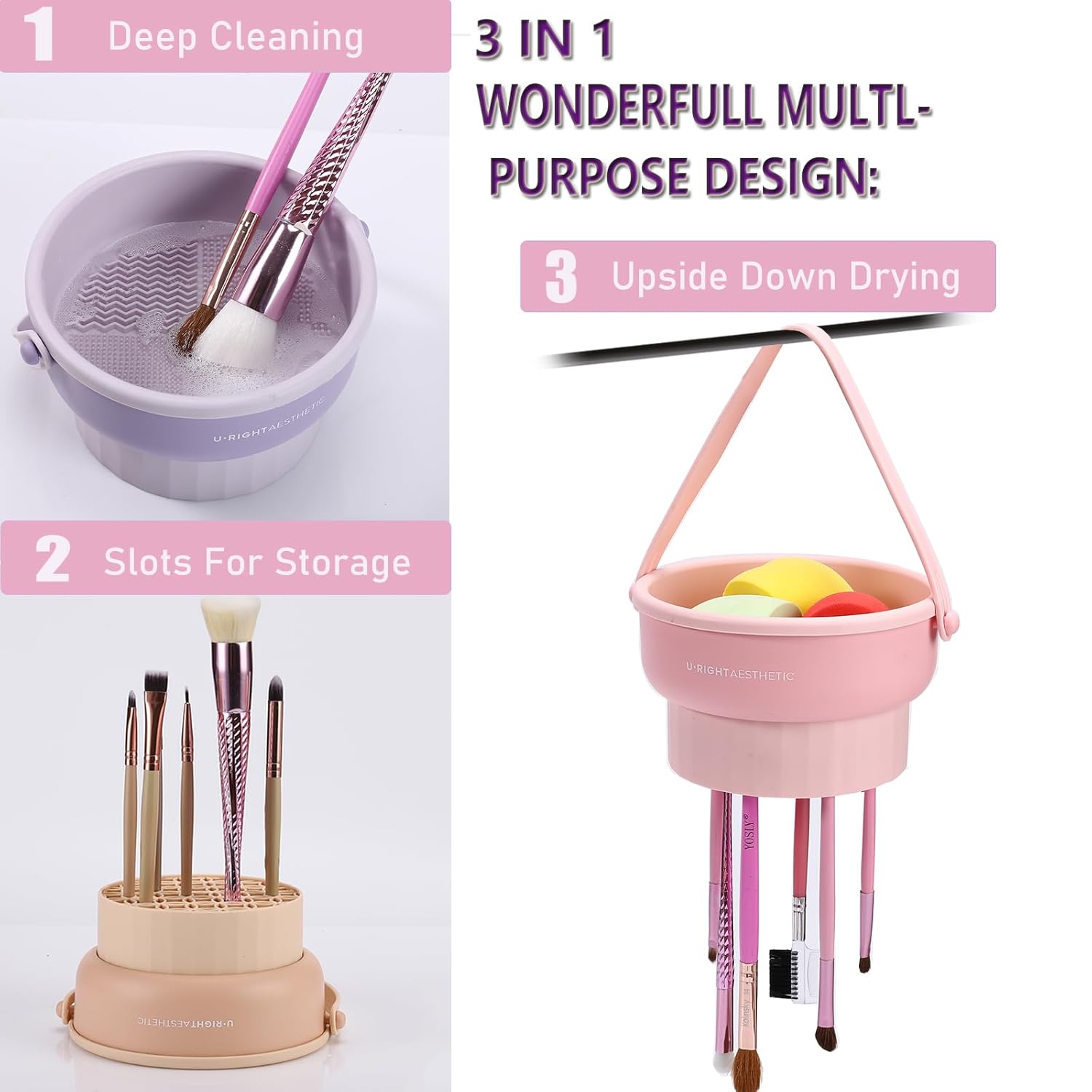Tapete de limpieza de cepillos 3 en 1 con soporte para secador de cepillo, tapete limpiador de brochas de maquillaje de silicona, cuenco de limpieza