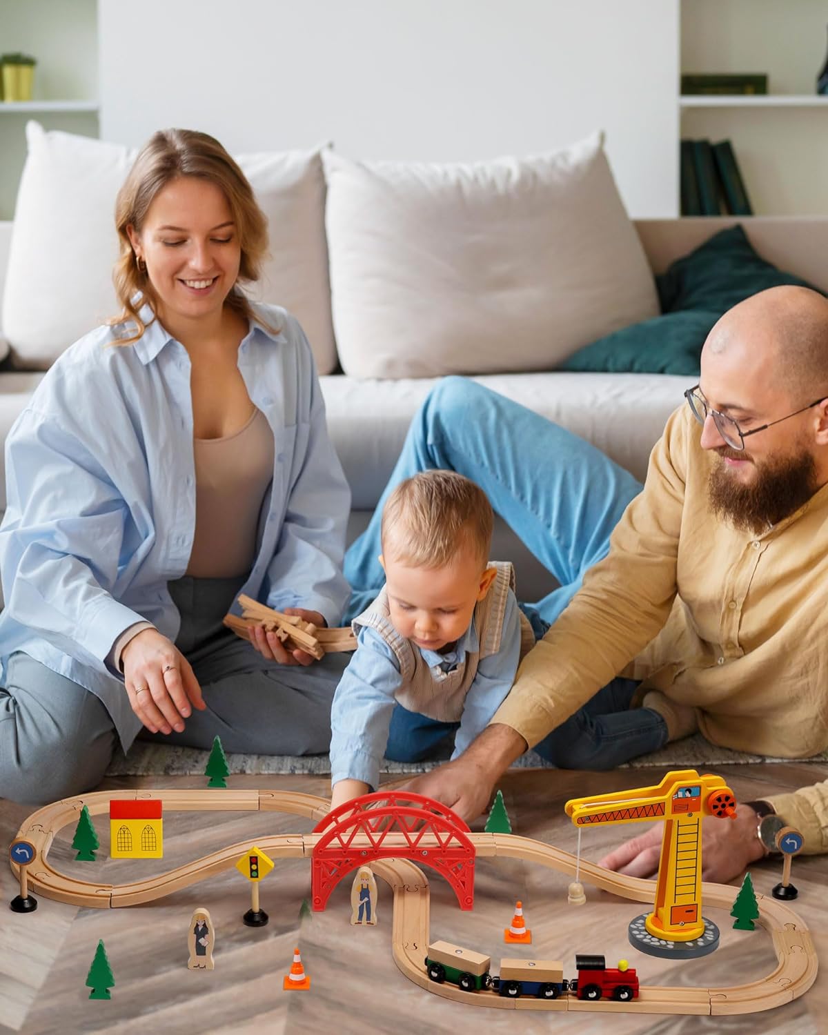 SainSmart Jr. Juego de tren de madera para niños pequeños, 41 piezas de pista de tren de madera con grúa para Brio, Thomas, Melissa y Doug, tren de
