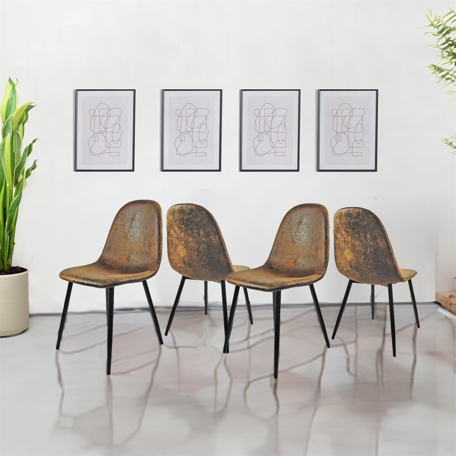 Juego de 4 sillas de comedor con forma de cuchara sin brazos con asiento de cojín de tela de gamuza y patas de metal negro para comedor y cocina,