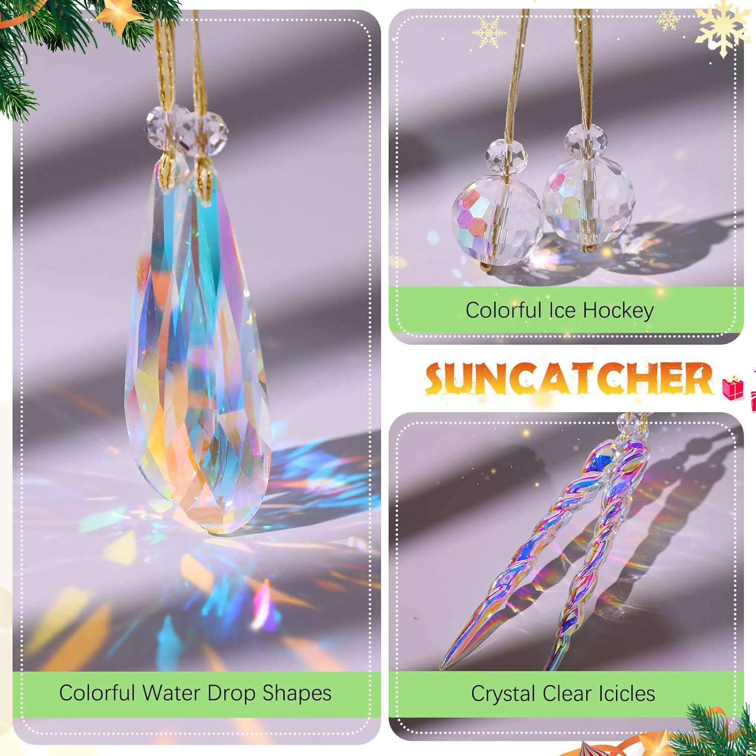 36 adornos de cristal de Navidad para árbol de Navidad, bolas de cristal multicolor, lágrima colorida, prisma colgante, cristales colgantes para