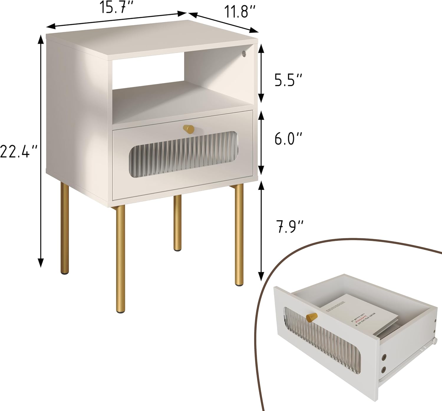 Mesita de noche, mesa auxiliar moderna blanca con cajón de almacenamiento y estante de madera abierto, mesa auxiliar pequeña con puerta decorativa