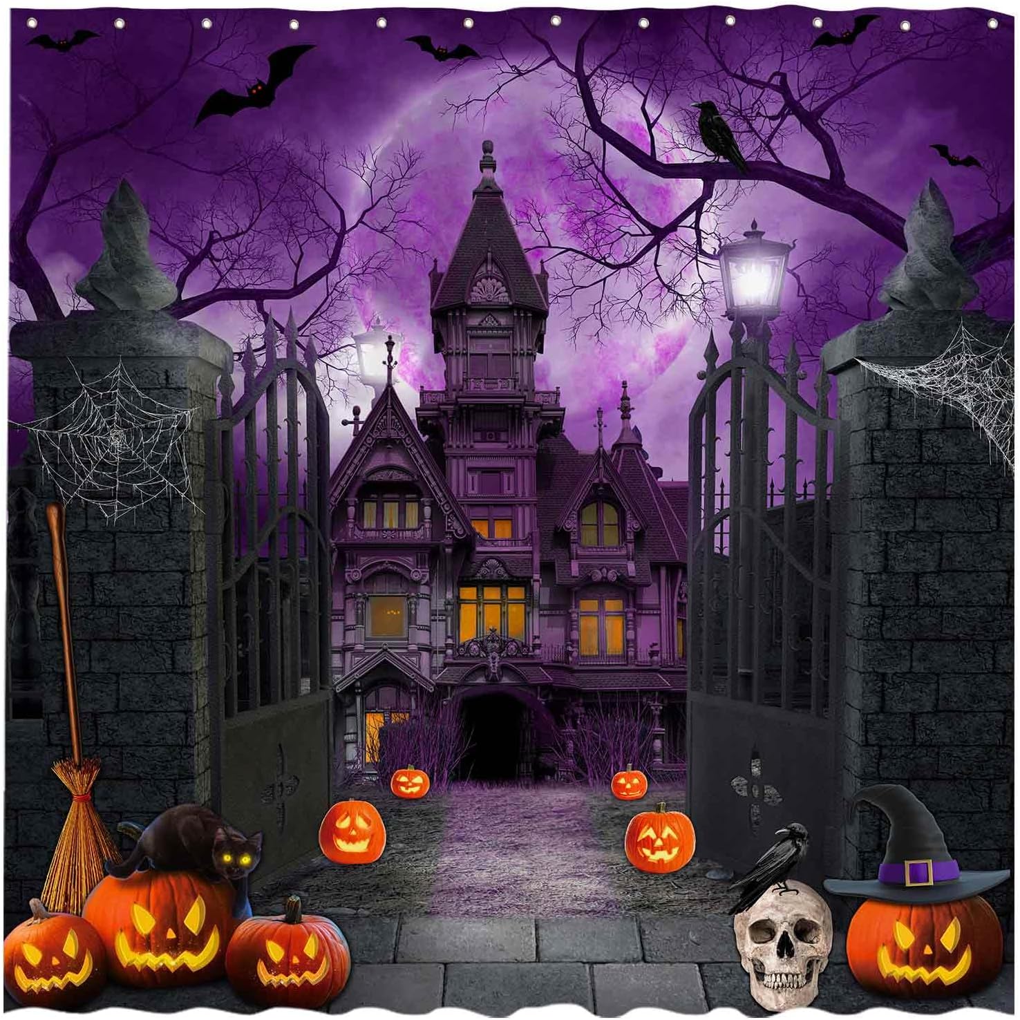 Allenjoy Cortina de ducha de Halloween de 72 x 72 pulgadas para baño, juego de cortina de ducha de noche aterradora, luna gótica, casa encantada,