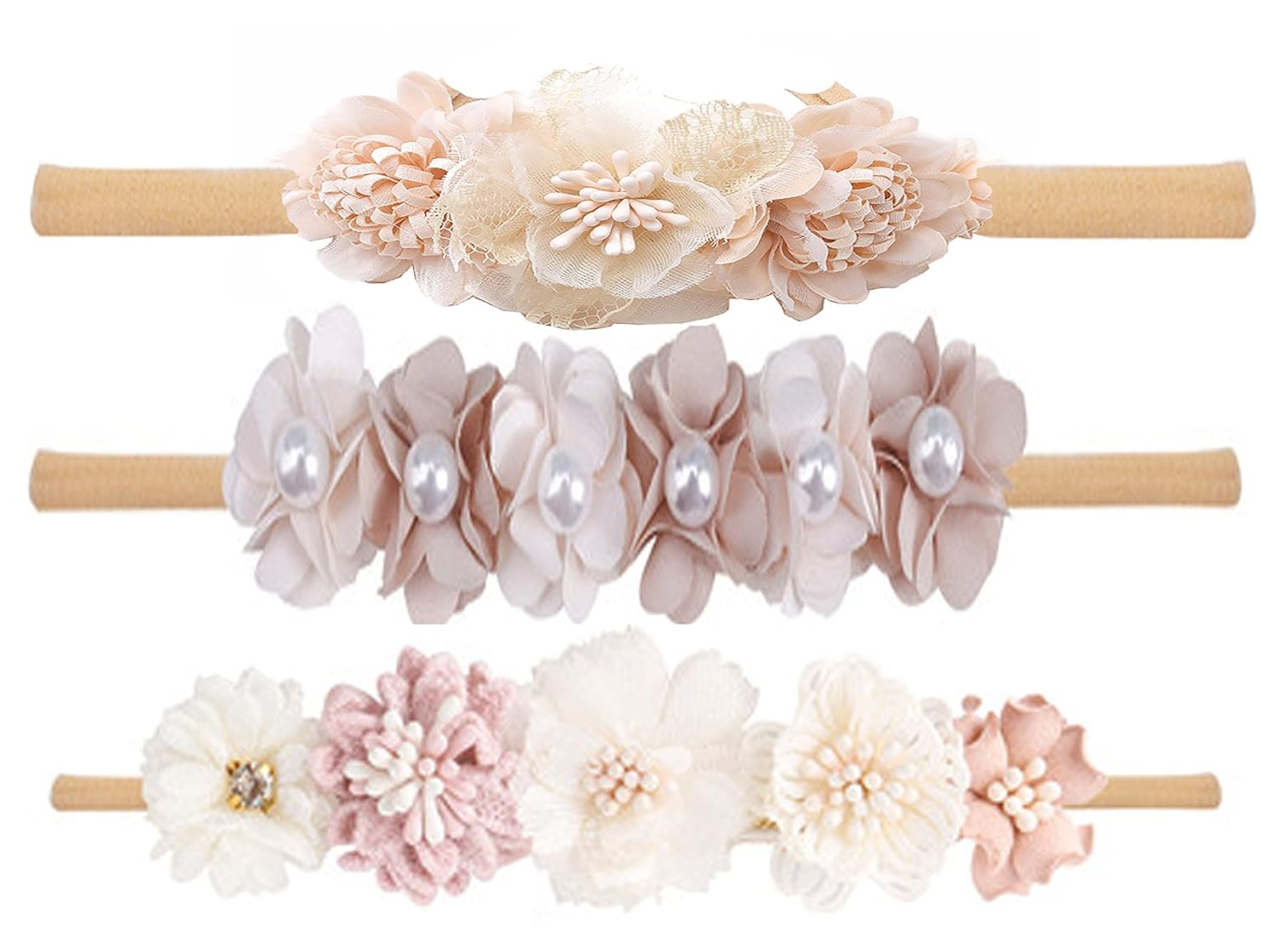 Diademas elásticas con flores para bebé niña, bandas suaves para el pelo para recién nacidas, 3 unidades