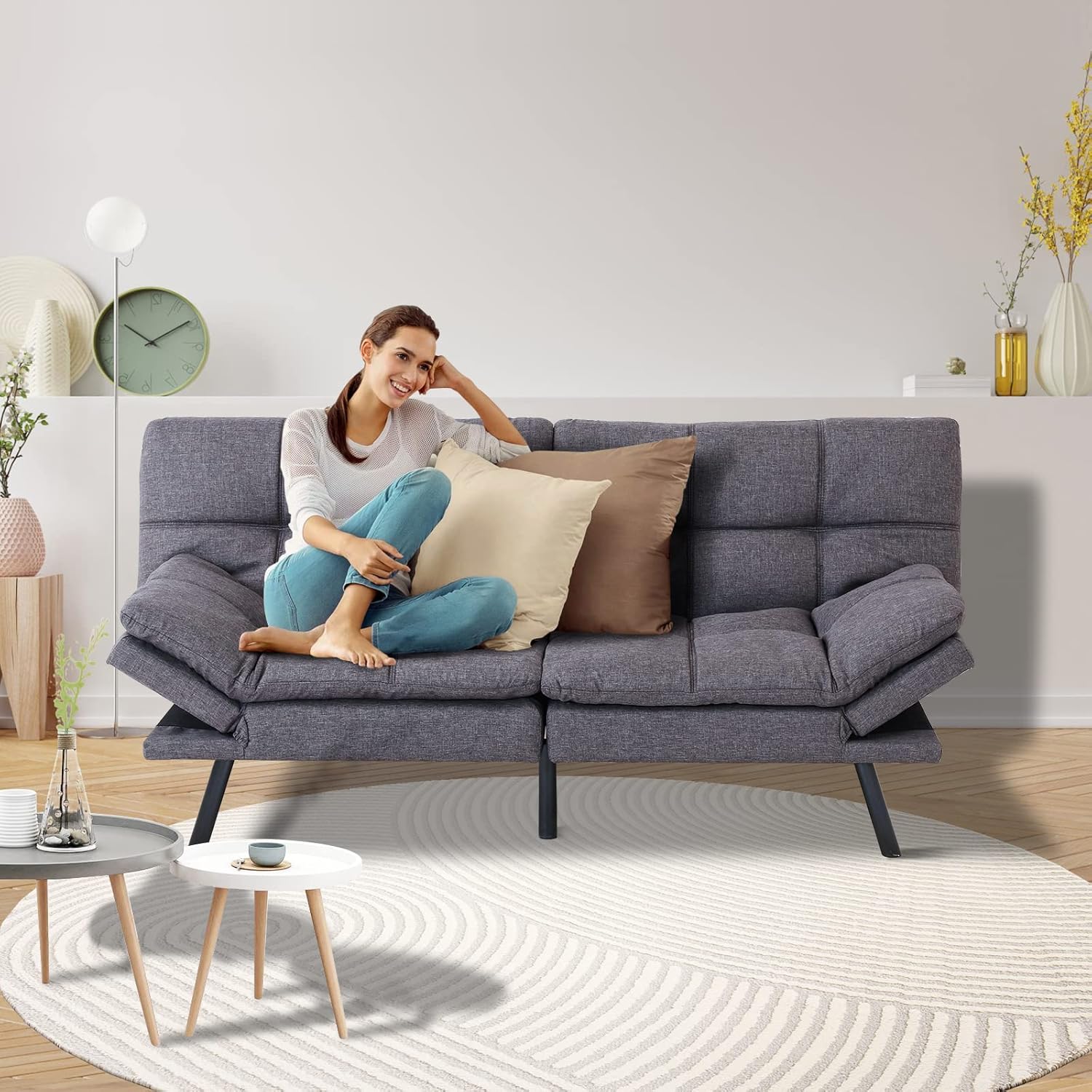 Opoiar, Moderno convertible, sofá de espuma viscoelástica, sofá biplaza futón, sofá de cama ajustable de lino transpirable, sofá cama ajustable de