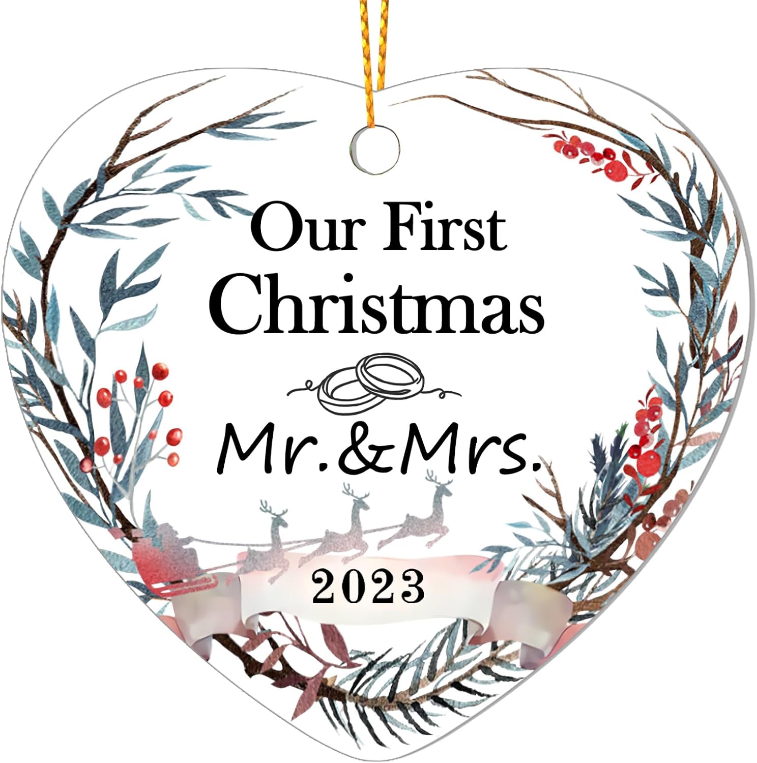 ACSENCETER Our First Christmas as Mr and Mrs 2023 – Adorno de casa de árbol de Navidad, corona de corazón de acrílico, impresión de doble cara,