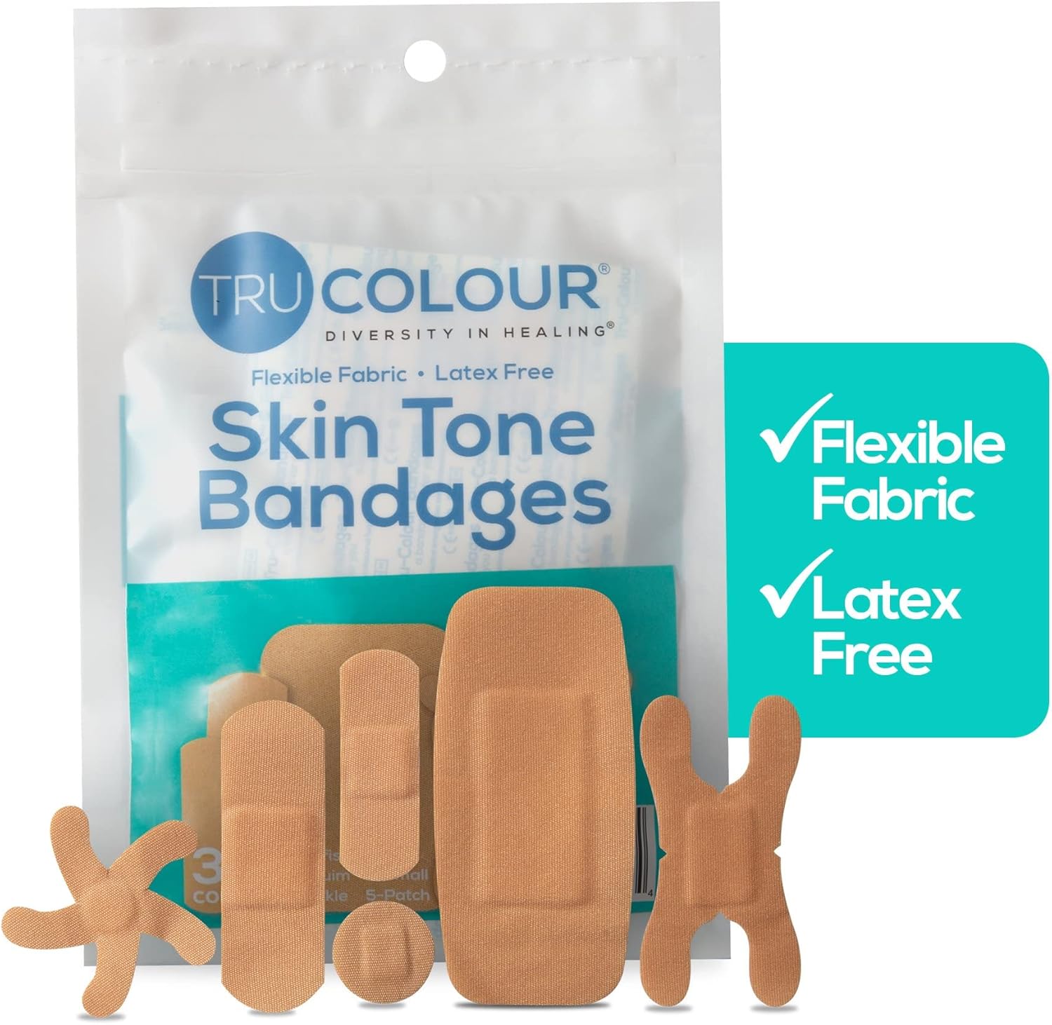 Tru Colour – Vendajes surtidos, vendajes adhesivos de tela flexible, tono de piel beige, bolsa aguamarina, 30 unidades