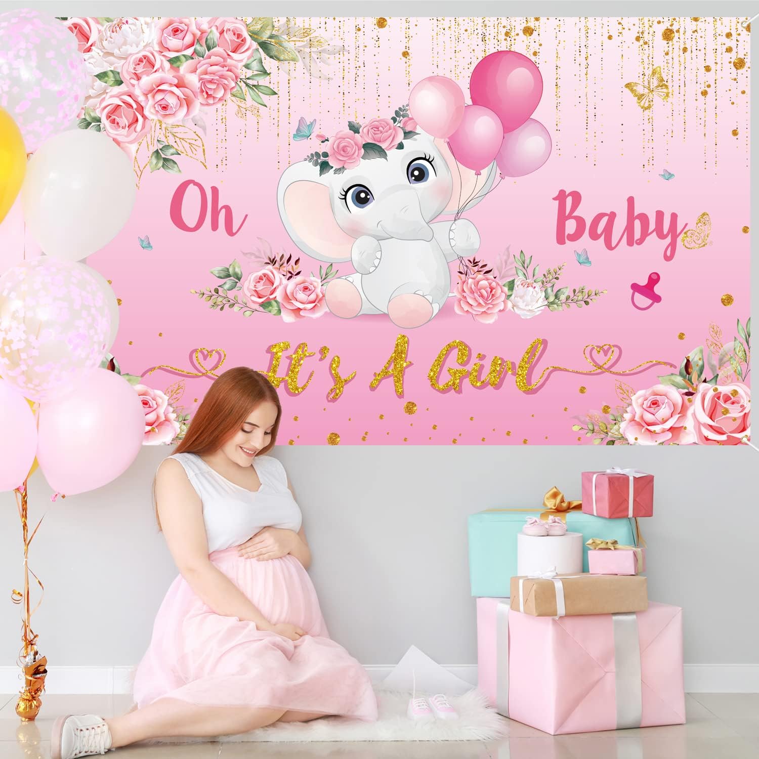 Cartel de fondo de baby shower para niña, decoraciones de baby shower para niña, pancarta de “It’s A Girl”, decoraciones de elefante para baby