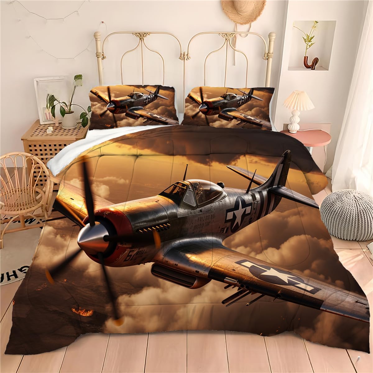 Juego de ropa de cama de combate con hélice militar de pistón en la guerra, edredón de plumón con temática militar para niños, adultos y hombres,