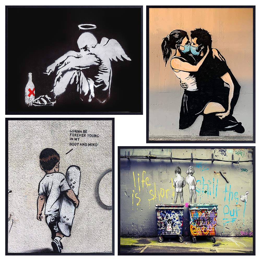Banksy Posters Set – 8×10 Urban Graffiti Wall Art – Wall Mural Set – Mural Wall Art – Fallen Angel, Forever Young – Teen Room Decor – Dorm Wall