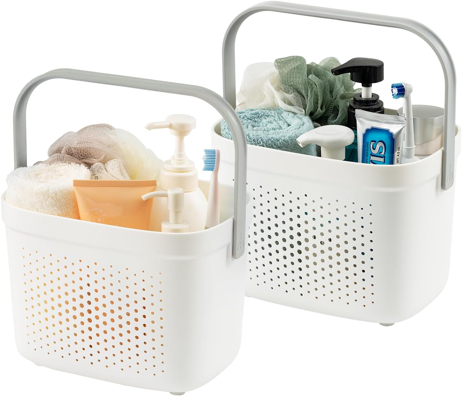 TAILI Cestas de almacenamiento de plástico con asas, organizador de estante de ducha, cesta de ducha portátil para baño, cocina, dormitorio, gris