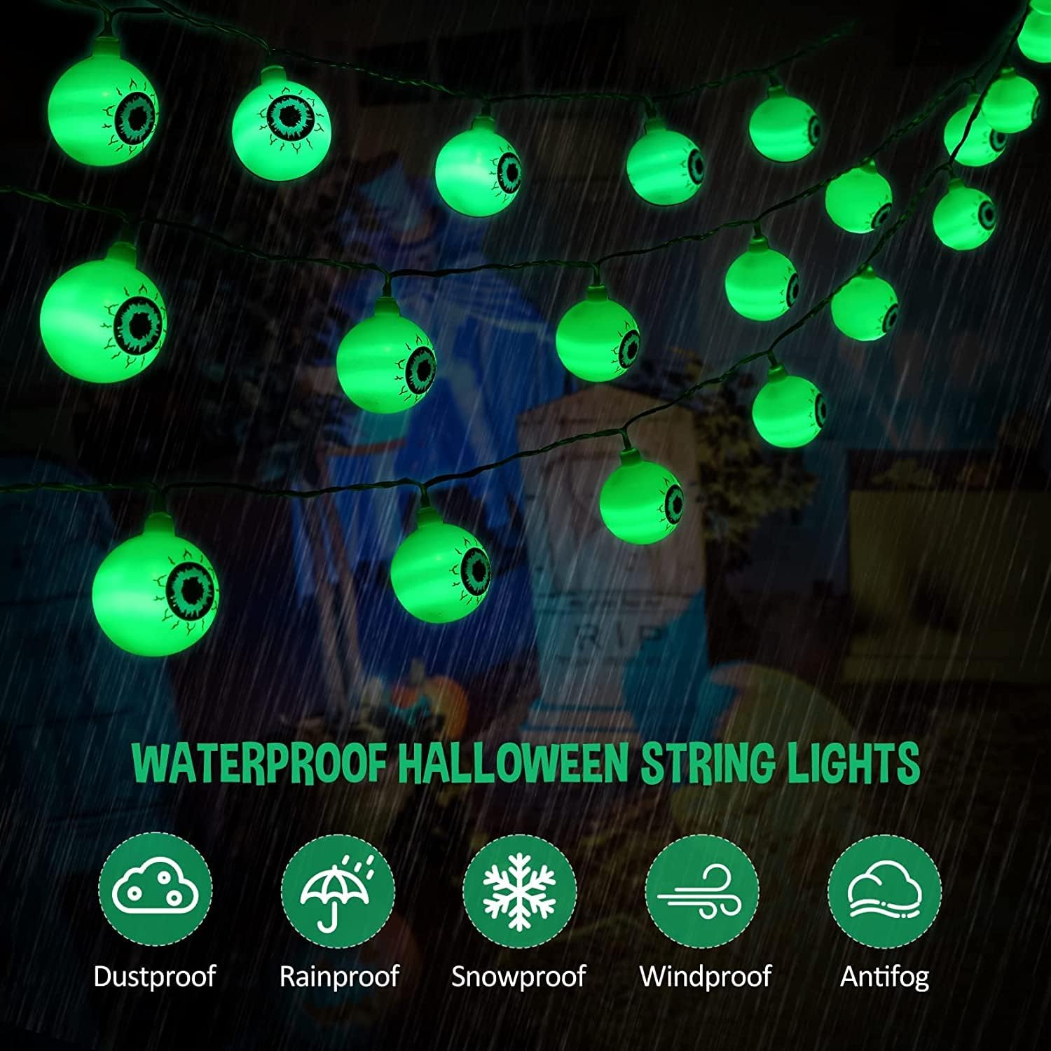 Fashionwu Halloween String Lights Green, 30 LED Waterproof Halloween Eyeball String Lights, 15FT Long String Lights for Halloween Tree Decorations,