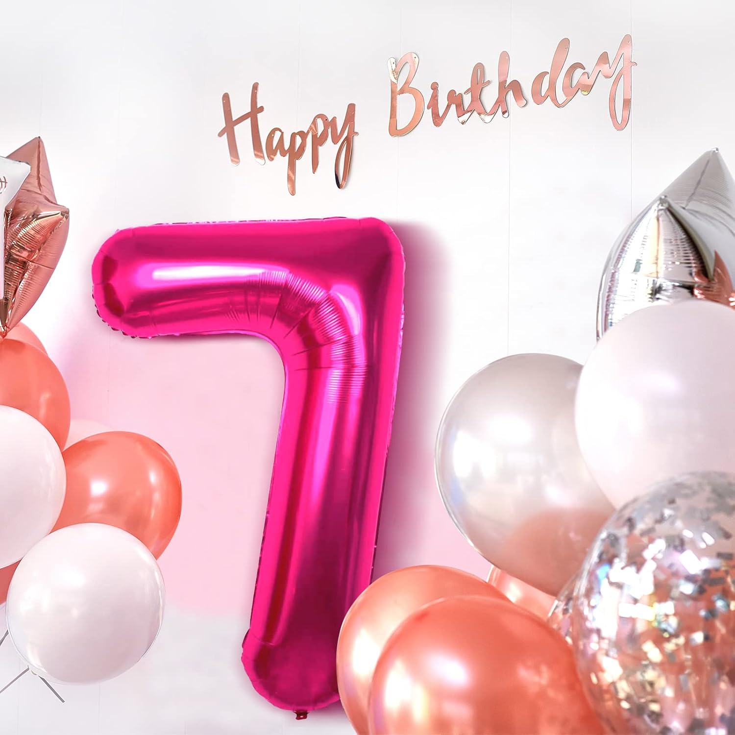 Globo rosa intenso con el número 7 de 40 pulgadas, decoración de globos de 7 cumpleaños para niñas, globos grandes y grandes, color rosa rosa con el