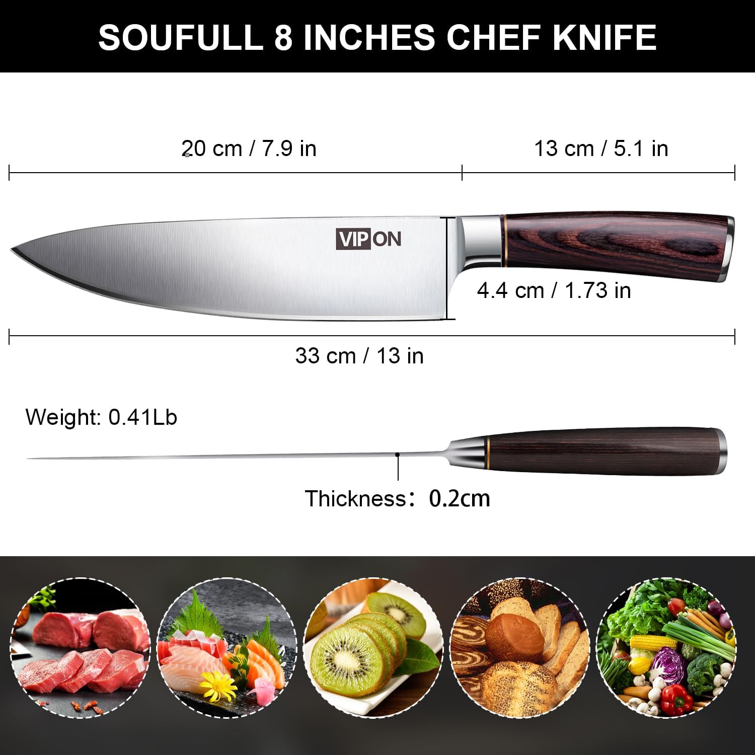 soufull 8-Inch, cuchillo de chef VG 10Acero Inoxidable Japonés Gyutou cuchillo con mango ergonómico
