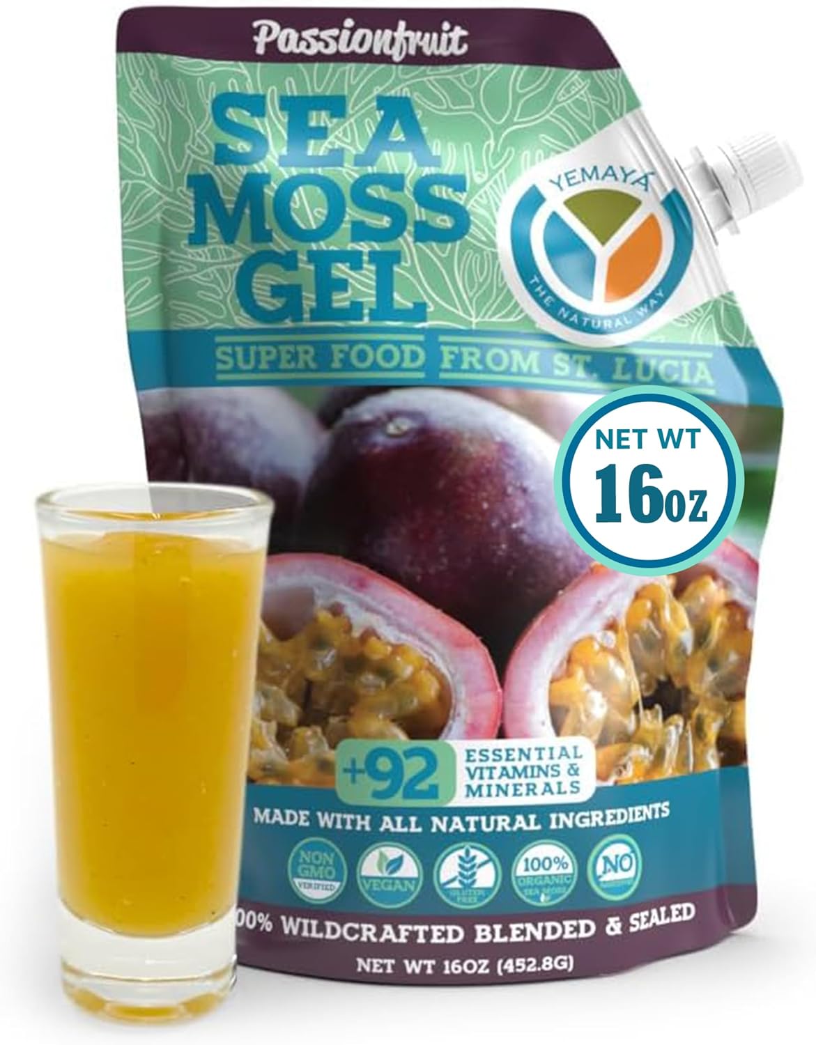Gel orgánico de musgo marino (varios sabores), 16 onzas, fruta real, musgo marino silvestre de Santa Lucía (maracuyá)