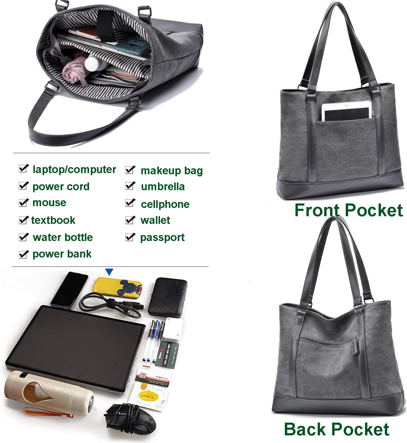 Bolsa de trabajo de lona para laptop para mujer con bolsillos de compartimento para computadora de 15.6 pulgadas, L