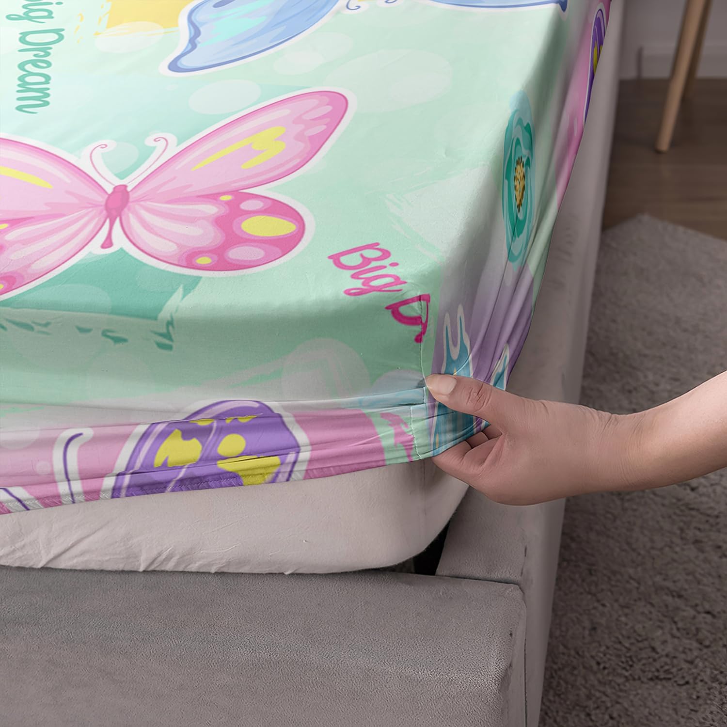 AILONEN Juego de sábanas bajeras de mariposa tamaño individual, juego de sábanas de mariposa para niñas, sábanas coloridas de mariposa para niños,