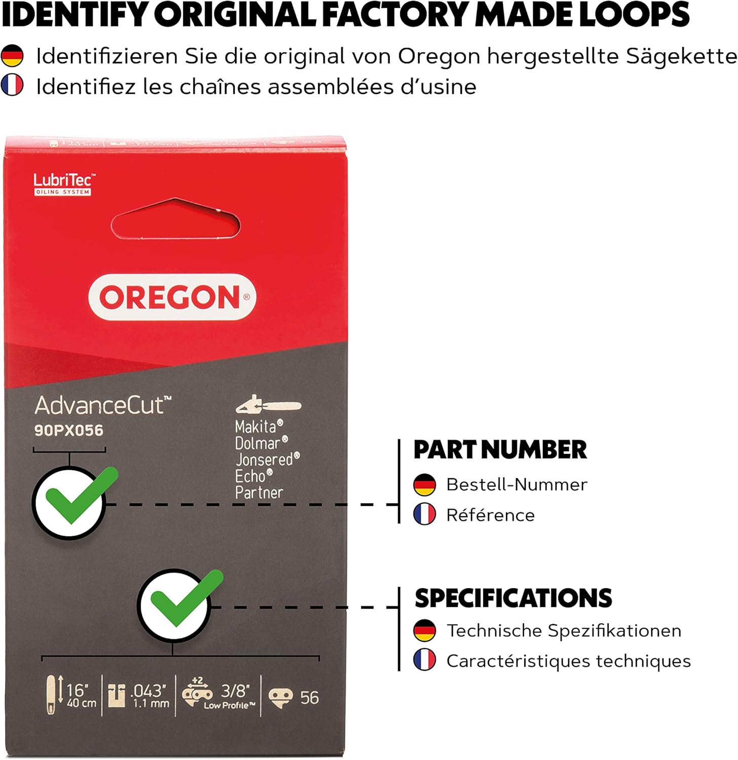 Oregon AdvanceCut – Cadena de sierra para adaptarse a motosierras DeWalt, Greenworks, McCulloch y Parkside de 16 pulgadas (90PX056E)
