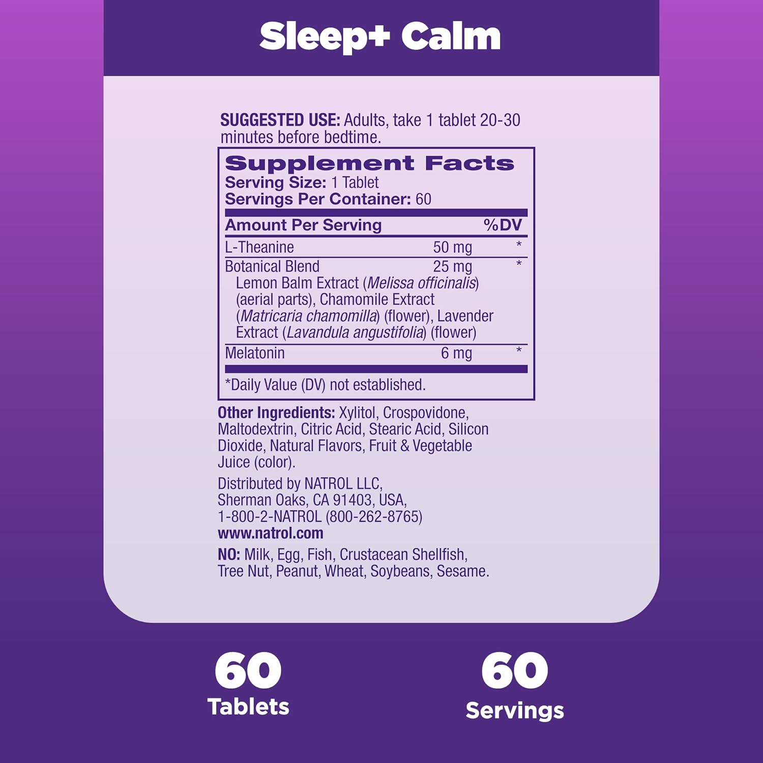 Natrol Melatonina Sleep + Calm de 6 mg con L-teanina de 50 mg y una mezcla botánica, suplemento dietético para un sueño reparador y una mente y