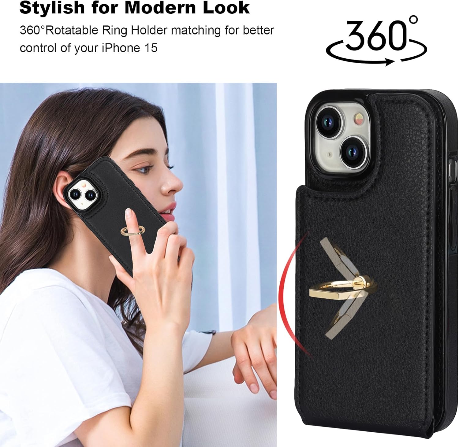 Folosu Funda compatible con iPhone 15 con soporte para tarjetas, rotación de 360, soporte de anillo de dedo con función atril, bloqueo RFID, doble