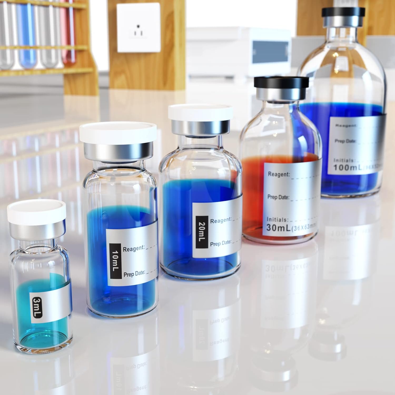 Vial estéril vacío sellado con tapón de goma de butilo y cierre superior, tubo de vidrio de borosilicato tipo 1, empaquetado individualmente (0.1 fl