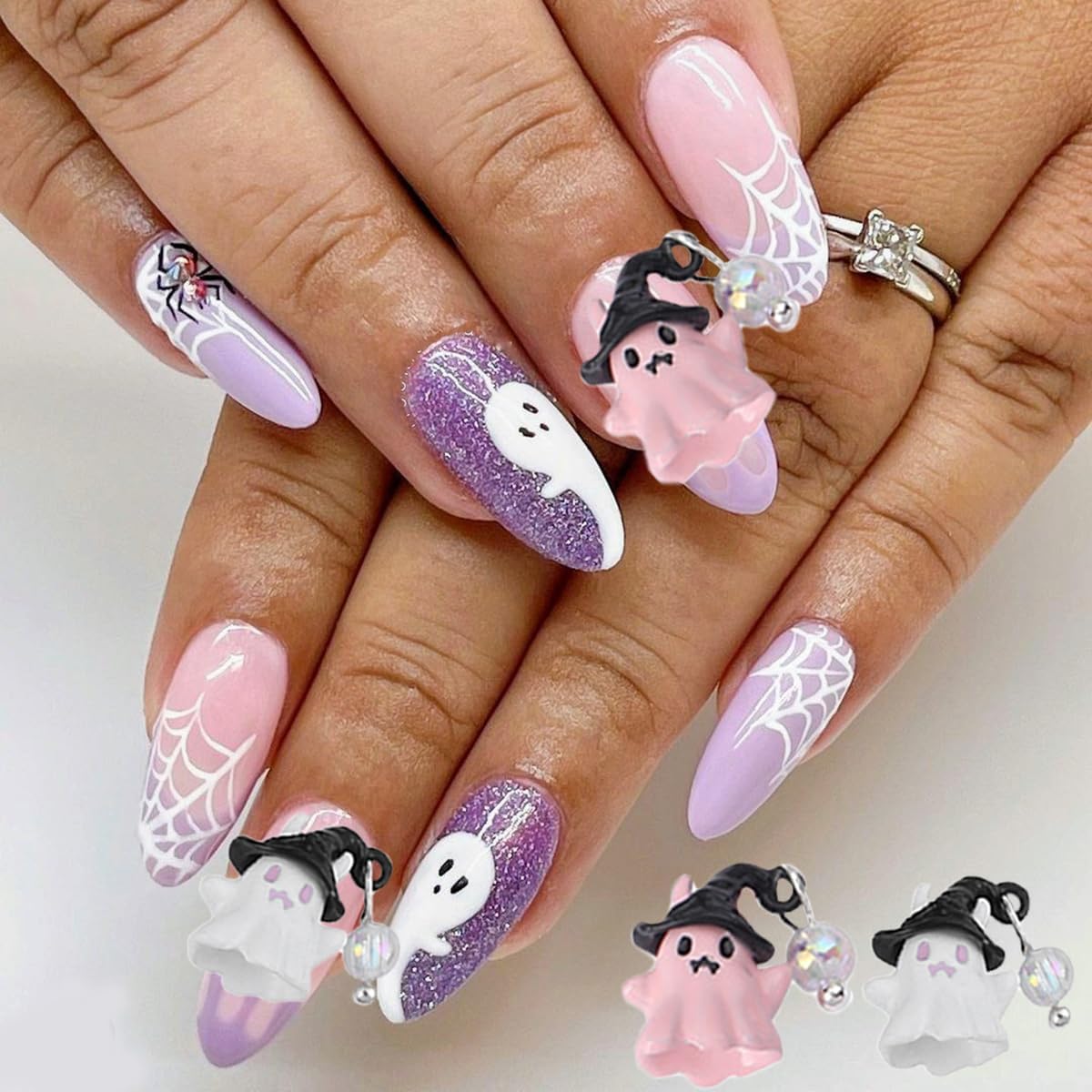 10 dijes de uñas de Halloween, diseño de calavera de fantasma, corazón con gemas de uñas, divertidos diamantes de imitación de uñas de Halloween