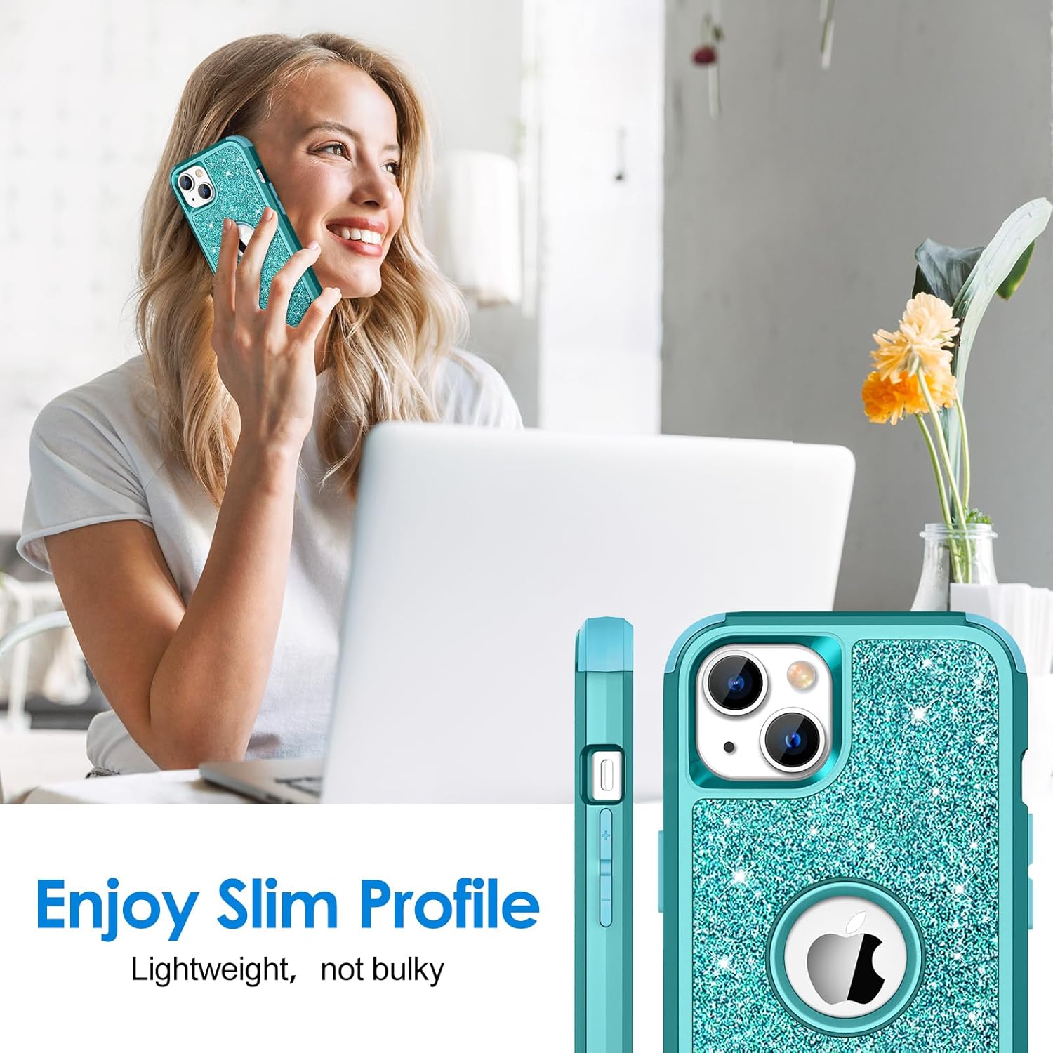 Hython Funda para iPhone 13 con purpurina, bonita funda brillante brillante, resistente 3 en 1, híbrida de policarbonato duro suave, TPU suave,
