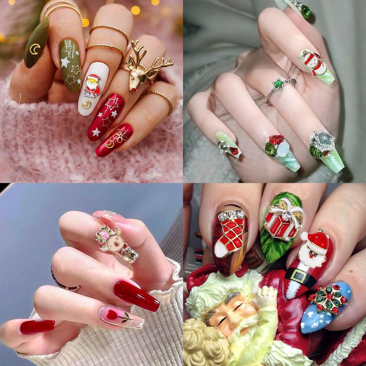 Dijes de uñas de Navidad 3D muñeco de nieve, campana, Papá Noel, diamantes de imitación brillantes para árbol de Navidad, guantes de árbol de