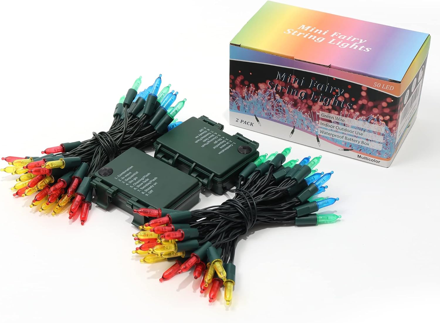 WATERGLIDE Paquete de 2 50 luces LED de Navidad para exteriores, 16 pies, funciona con pilas, mini luces con 8 modos y temporizador, luces de árbol