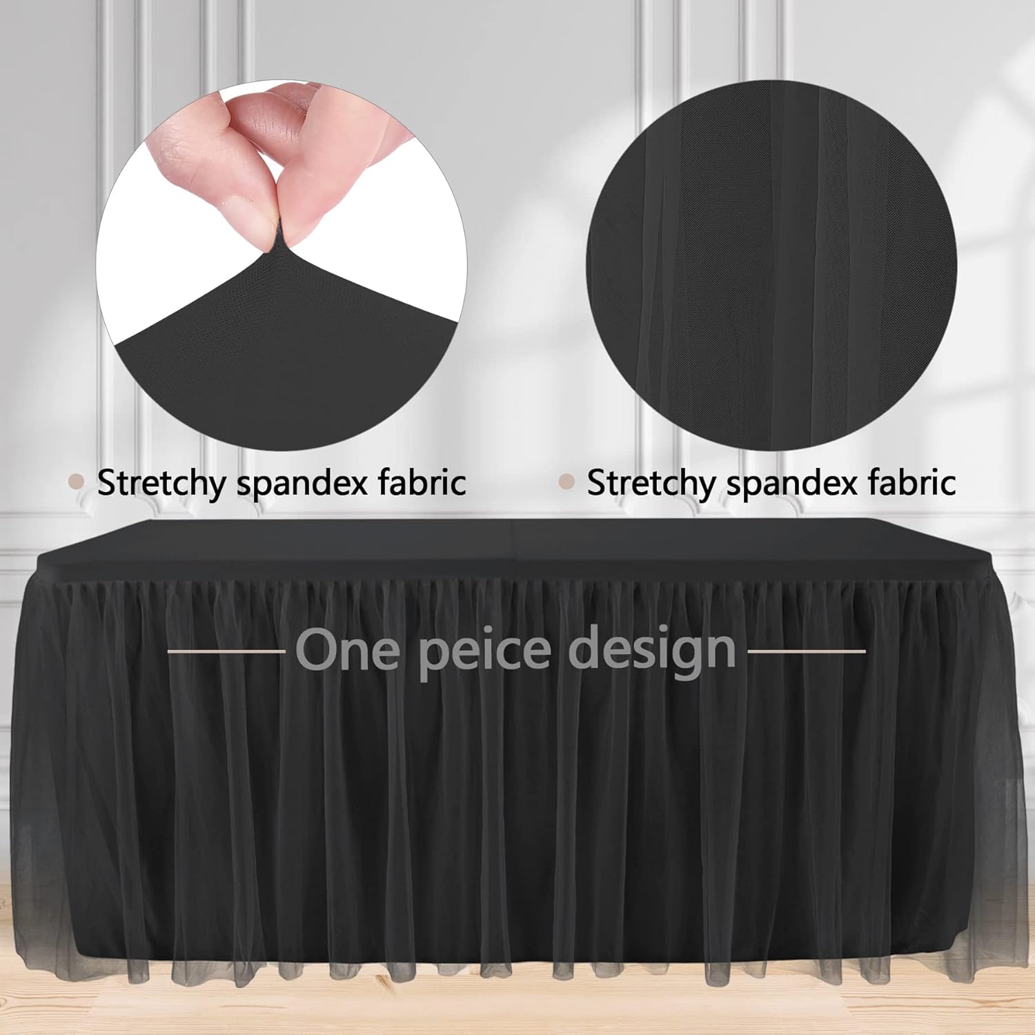Suppromo Falda de mesa de tul negro para mesas rectangulares de 6 pies, mantel de elastano negro con falda de mesa tutú para graduación, baby