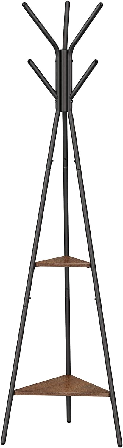 VASAGLE Perchero Independiente, Perchero Perchero, Hall Tree con 2 Estantes, para Ropa, Sombrero, Bolsa, Estilo Industrial, Marrón Avellana y Negro