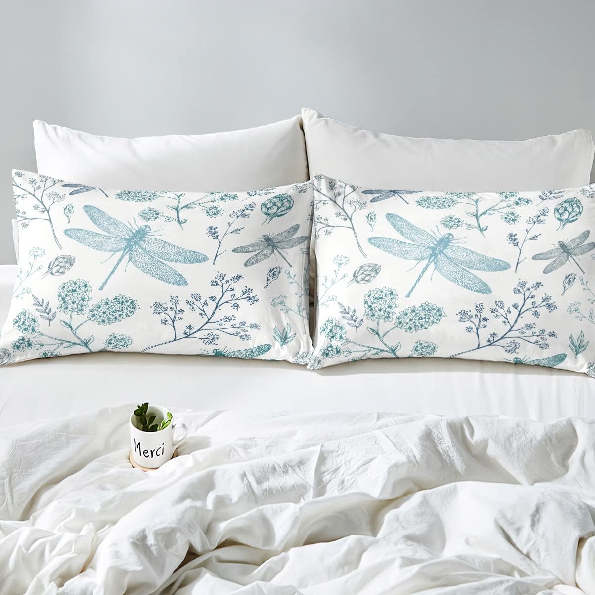 Erosebridal Juego de ropa de cama de libélula tamaño matrimonial, juego de sábanas de hortensias verde azulado con libélula, regalos para mujeres,