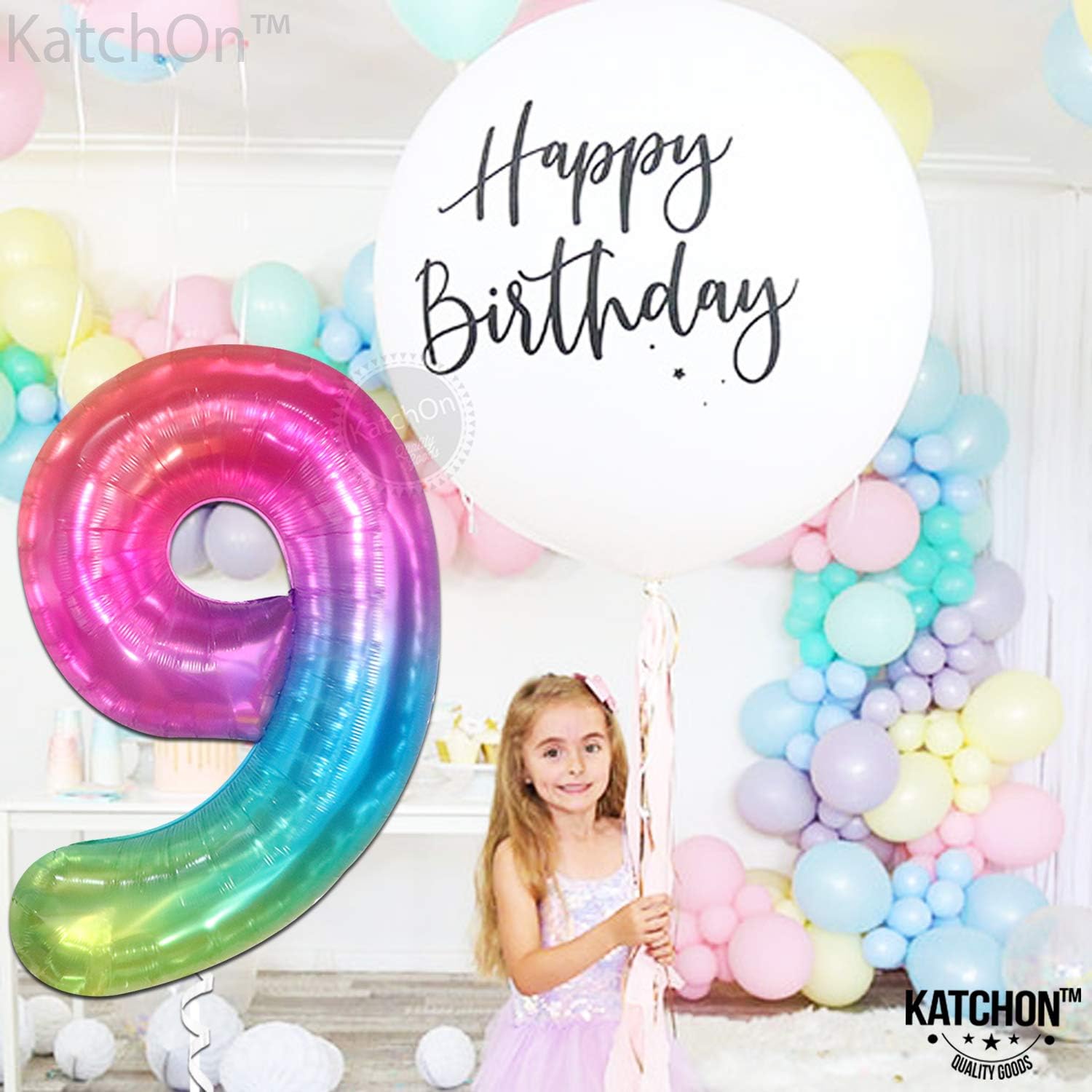 KatchOn, Globo gigante arcoíris número 9 de 40 pulgadas, paquete de 5 unidades, para decoraciones de fiesta de patinaje sobre ruedas, globos de 9