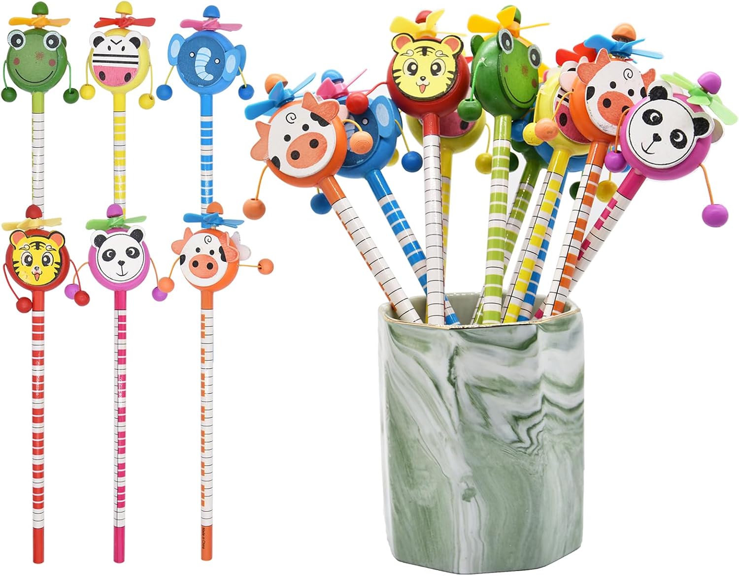 12 lápices de animales de molino de viento de sonajero, lápices de madera para estudiantes, lápices de rayas de color, suministros para el aula para