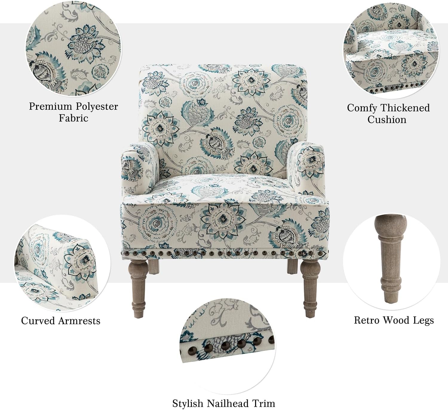 HULALA HOME Sillón moderno con patas de madera y ribete de cabeza de clavo, cómoda silla decorativa tapizada para sala de estar y dormitorio