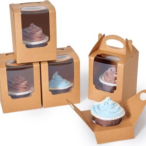 Cajas para cupcakes, 50 unidades, recipientes individuales para cupcakes marrón con inserto de ventana y asa, caja de pastelería individual soporte Cajas para cupcakes, 50 unidades, recipientes individuales para cupcakes marrón con inserto de ventana y asa, caja de pastelería individual soporte