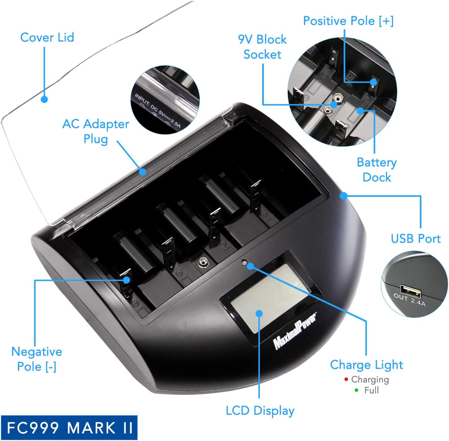 Cargador de batería inteligente universal Mark II para AA AAA C D 9 V Li-on Ni-MH Ni-Cd baterías recargables del hogar con puerto de célula de