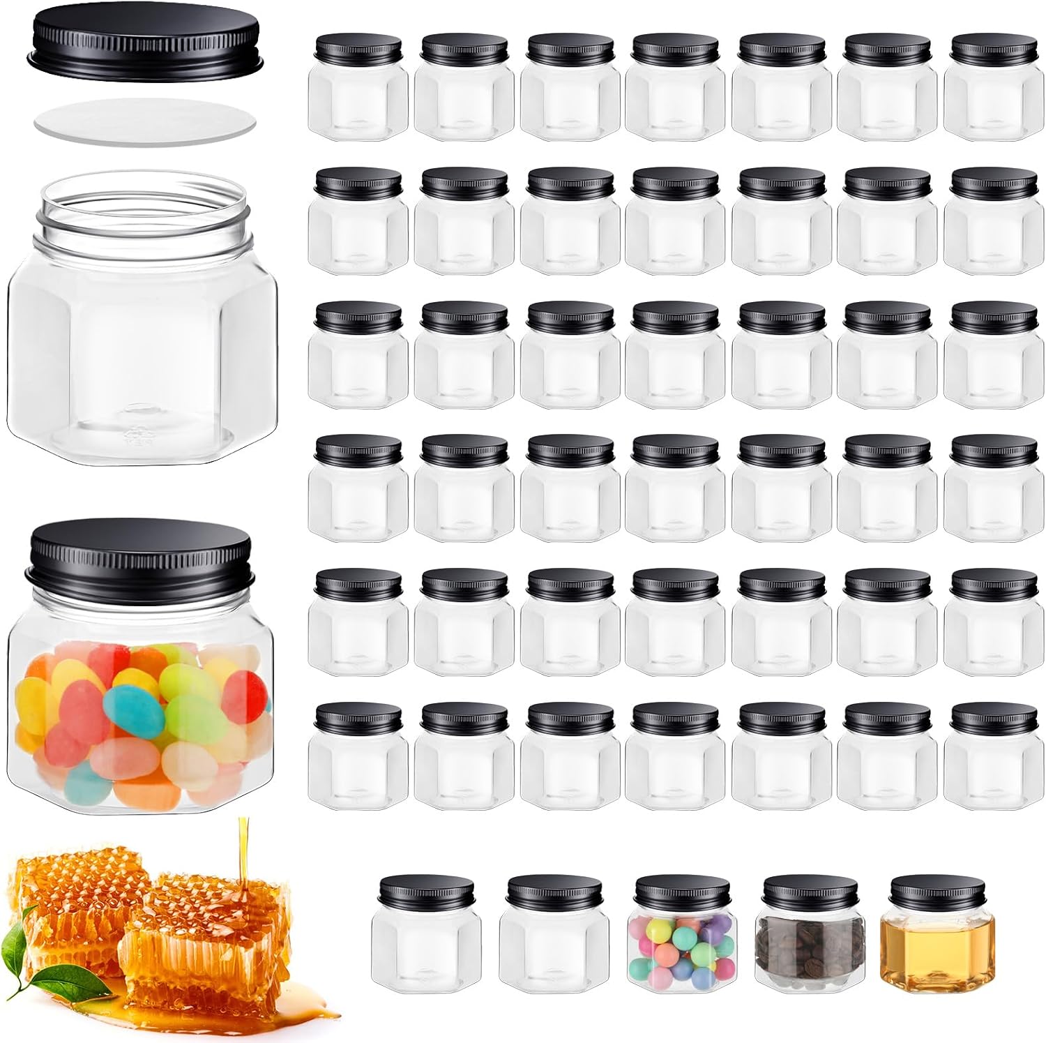 50 frascos hexagonales de plástico de 3 onzas con tapas, mini tarros de miel de boca ancha, tarros de especias pequeños para recuerdos de fiesta,