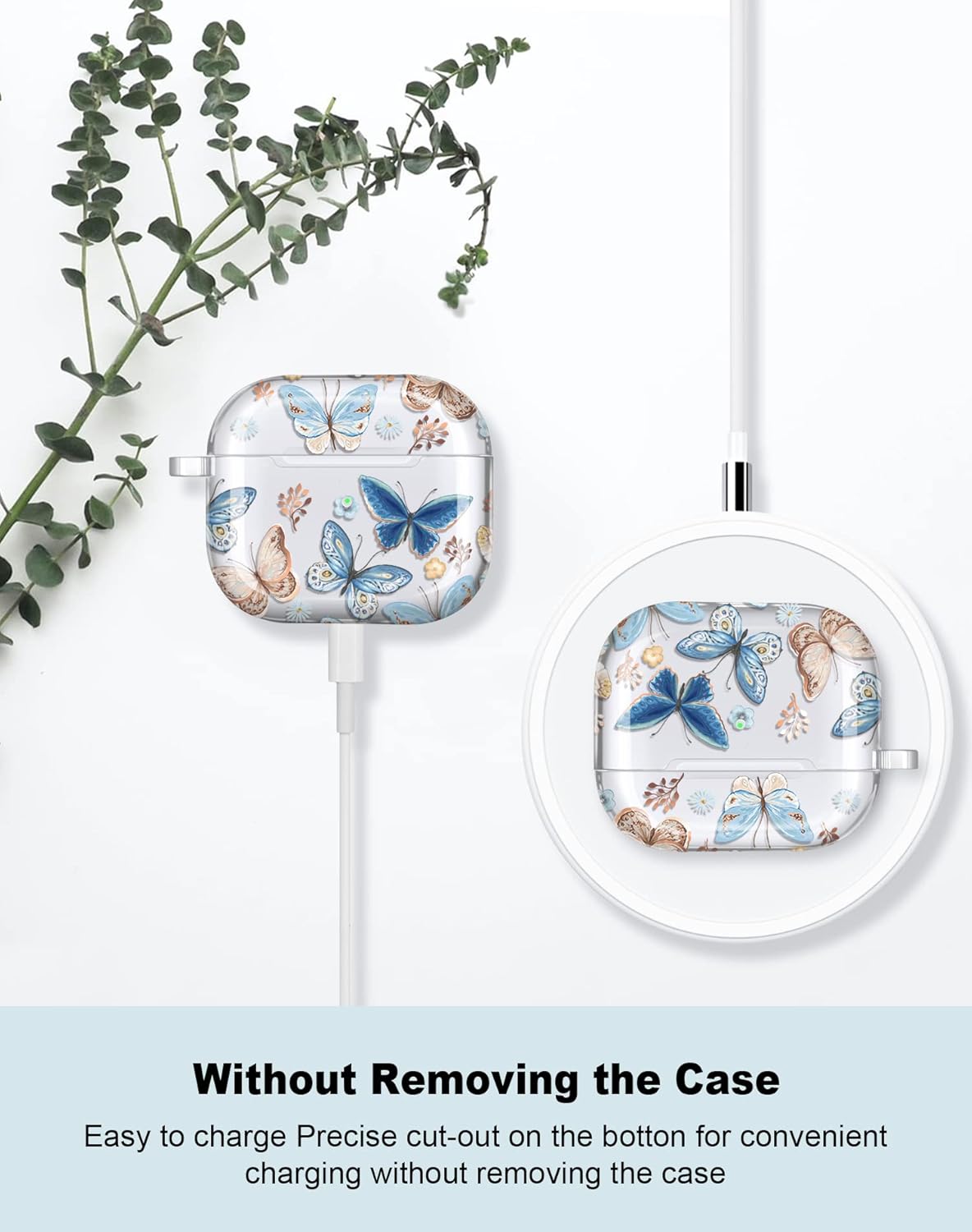 JAHOLAN Funda compatible con AirPods 3, funda transparente de mariposa, bonita funda protectora suave a prueba de golpes con llavero para mujeres y