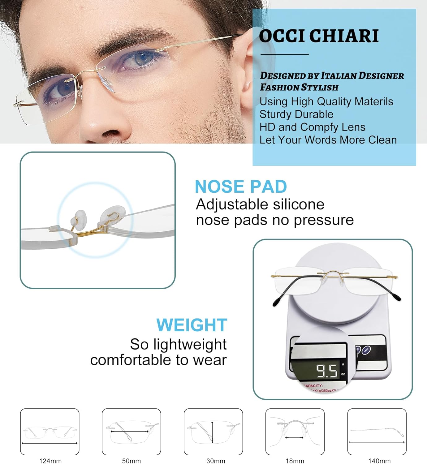 OCCI CHIARI Gafas de lectura con bloqueo de luz azul para hombre, de titanio, sin marco, ligeras