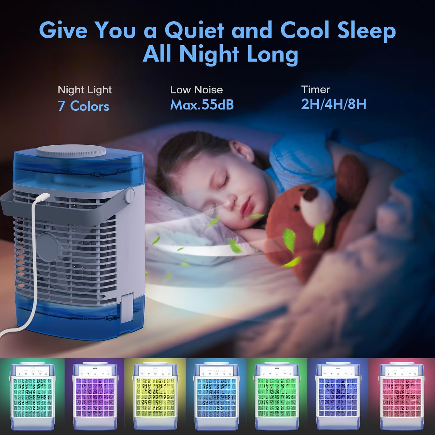 Aire acondicionado portátil, unidad de CA portátil de 54.1 fl oz con control remoto, potente 3 velocidades, 7 colores, enfriador de aire evaporativo