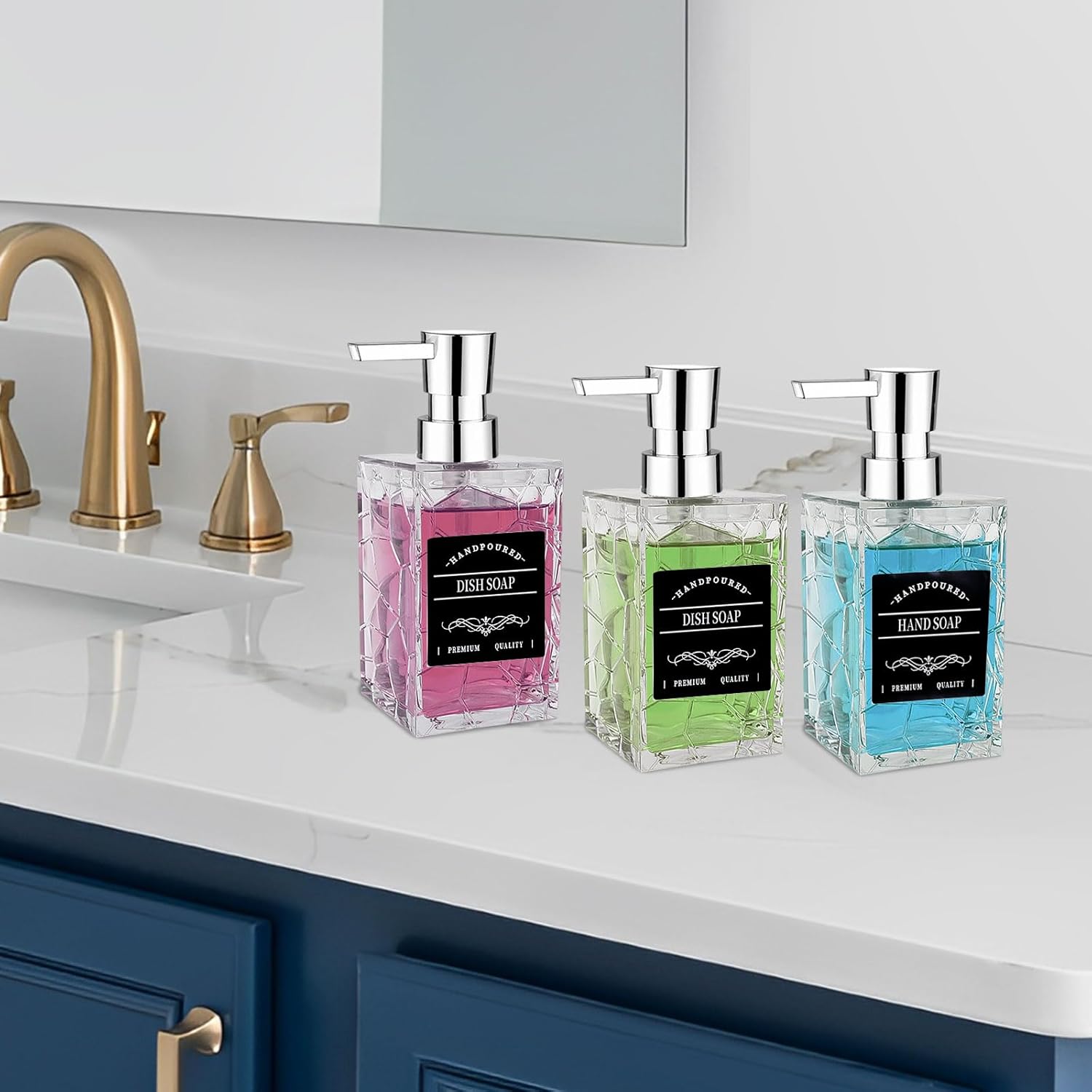 Paquete de 3 dispensadores de jabón transparentes para encimera de baño, dispensador de jabón recargable para cocina y baño, juego de dispensador de