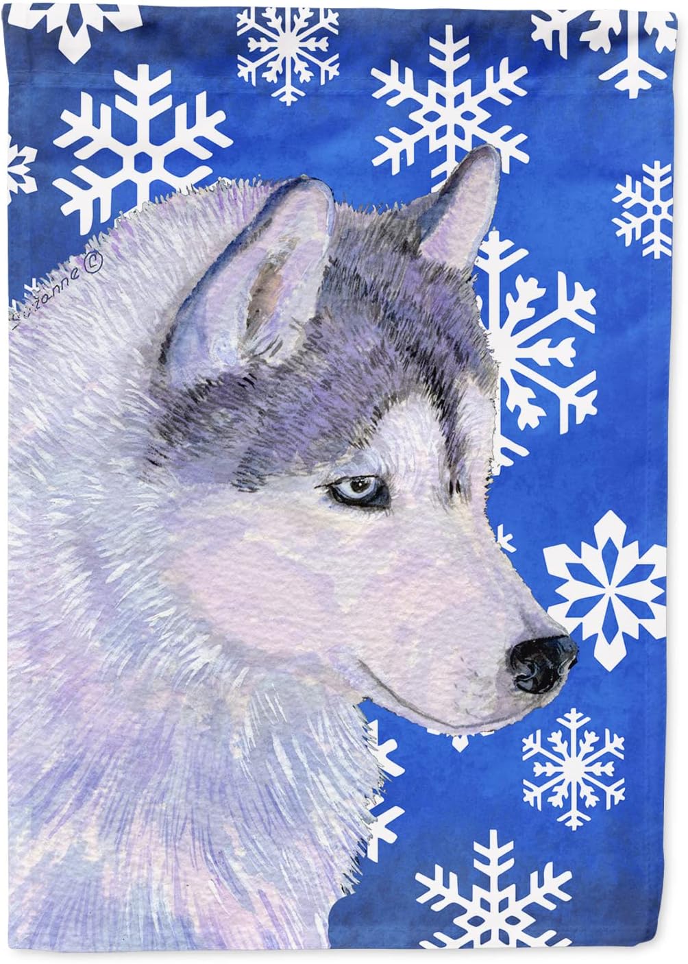 Caroline’s Treasures SS4602GF Bandera de jardín con diseño de copos de nieve de invierno de Husky siberiano, bandera decorativa para patio exterior,
