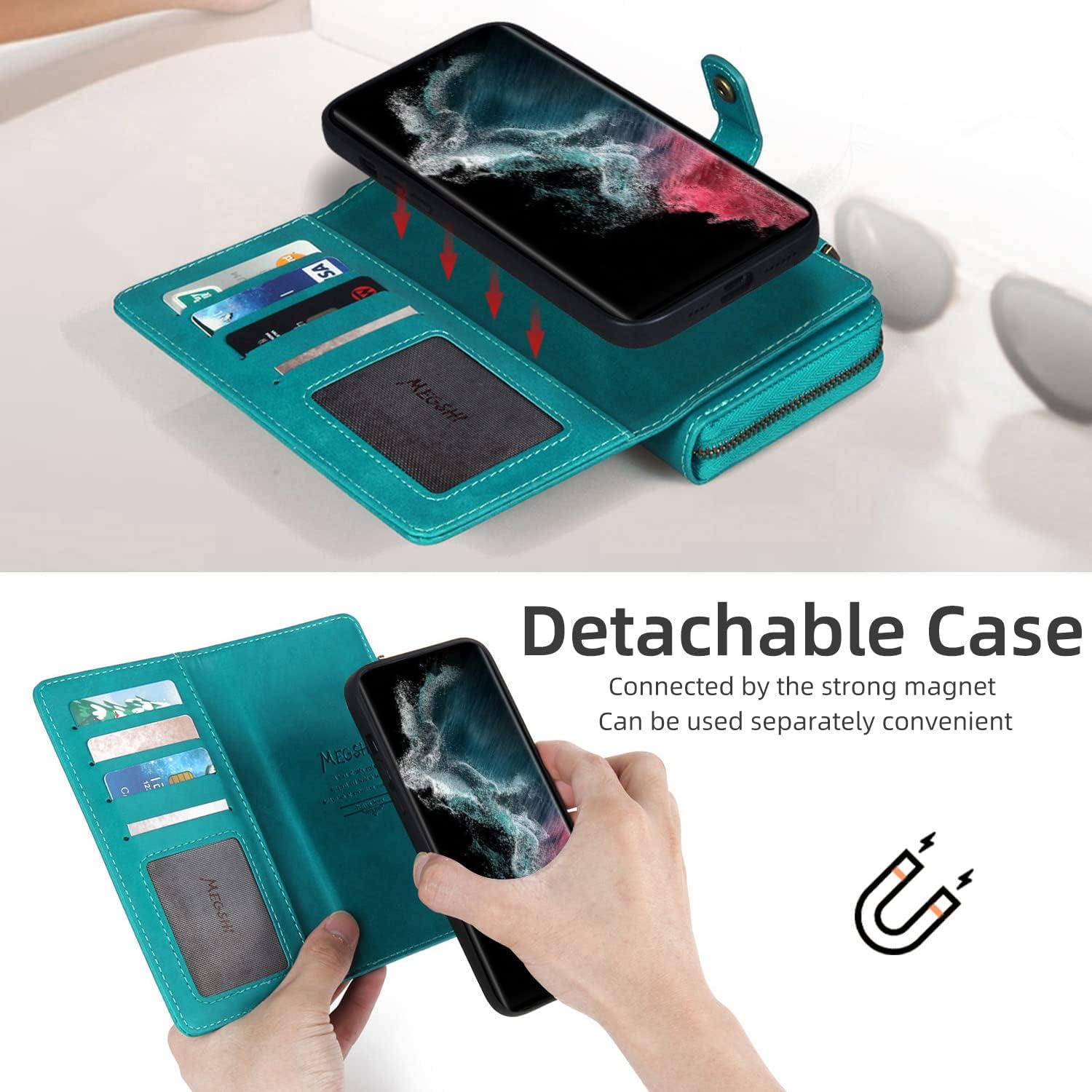 Compatible con Samsung Galaxy S22 Ultra 5G – Funda tipo cartera con correa para el hombro, soporte para tarjetas, multifunción, 2 en 1, funda